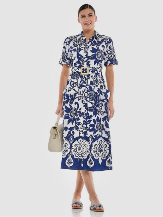Joie Dresses & Skirts - Joie Blue White Floral Cotton Midi Shirtdress Belted Short Sleeve Pockets Large